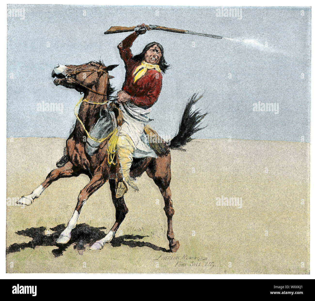 Kiowa firing a rifle to start a horse race on the plains, 1800s. Hand-colored halftone of a Frederic Remington illustration Stock Photo