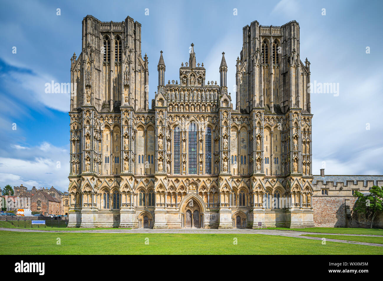 Wells Cathedral is an Anglican cathedral in Wells, Somerset, England, dedicated to St Andrew the Apostle and seat of the Bishop of Bath and Wells, who Stock Photo