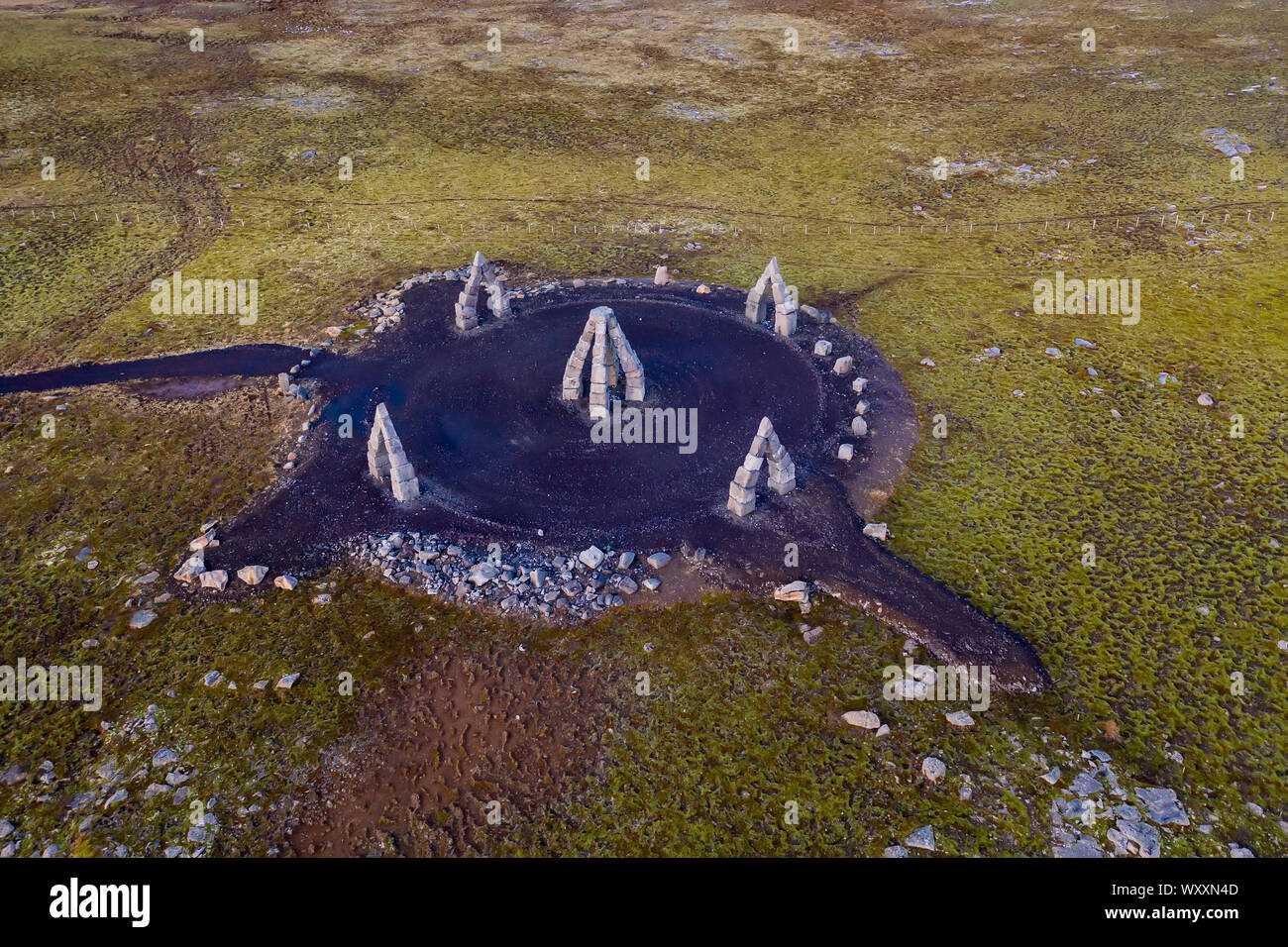 The Arctic Henge, (Heimskautsgerdi).Arctic Henge, inspired by Stonehenge, a huge sundial in a remote northern eastern village, Raufarhofn, Iceland Stock Photo