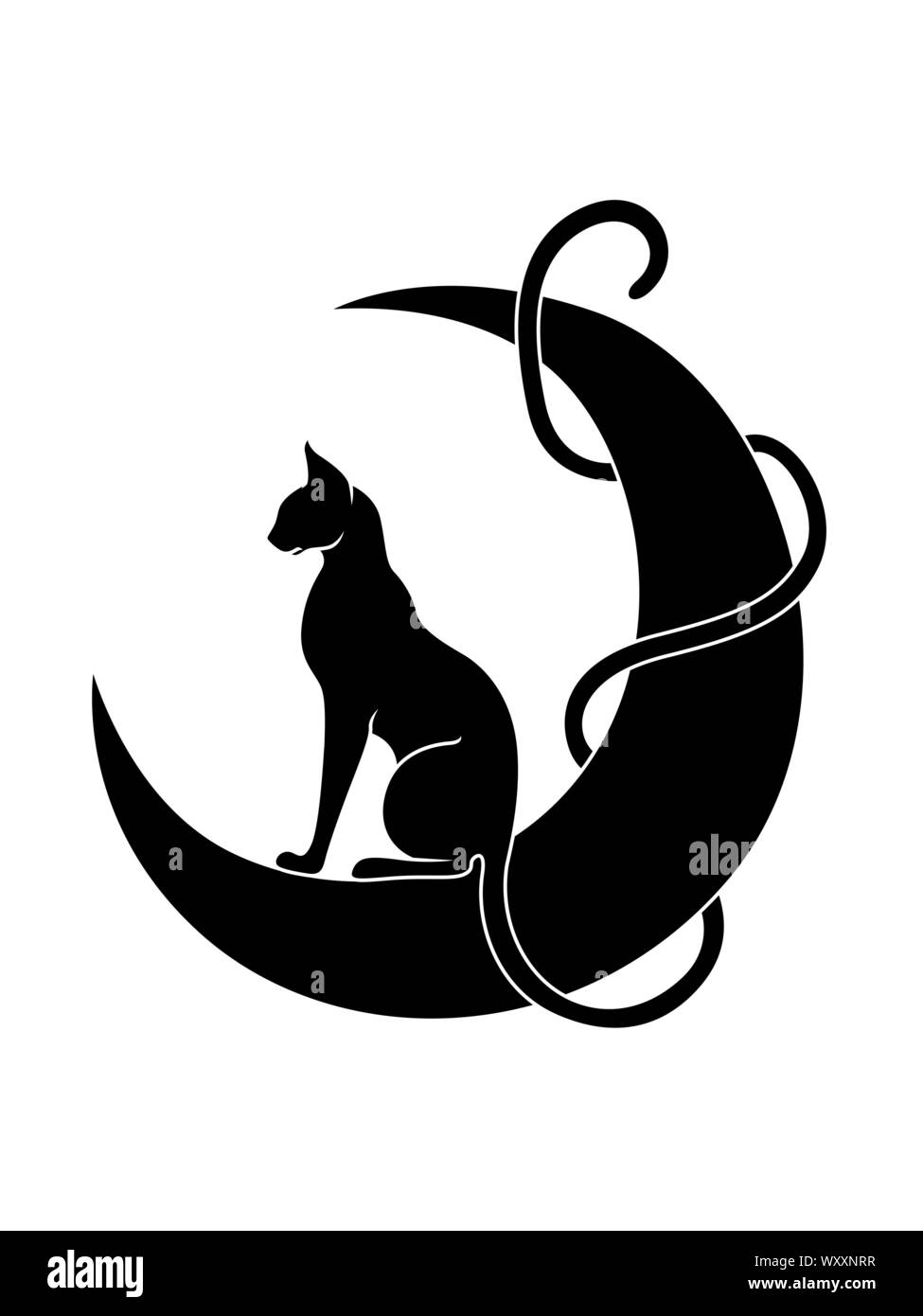 The long tail graceful and elegant cat interlace the moon, black vector hand drawing on white Stock Vector