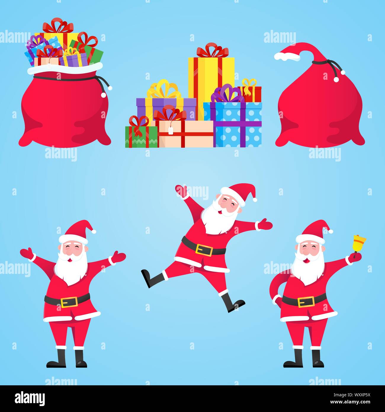 Santa Claus and gift bags with gifts set flat style character vector ...