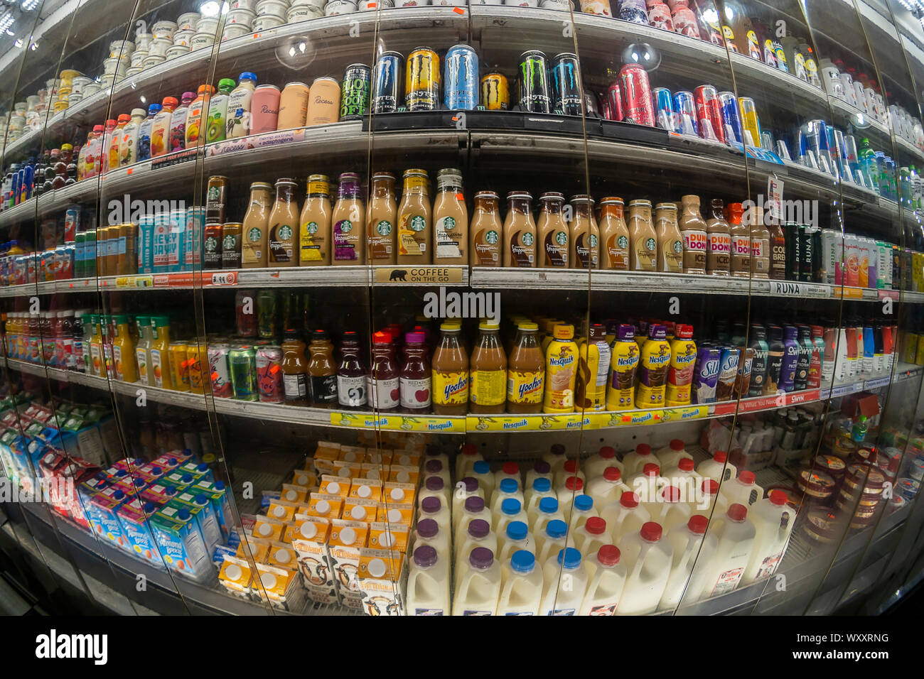 A cooler in a grocery in New York offers juices, protein shakes, teas water, and almost every other conceivable drink, seen on Sunday, September 8, 2019. (© Richard B. Levine) Stock Photo