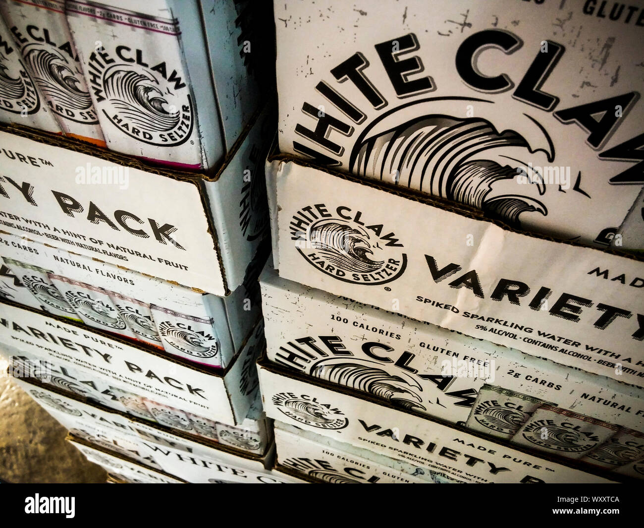 Cases of White Claw brand hard seltzer in a supermarket in New York on