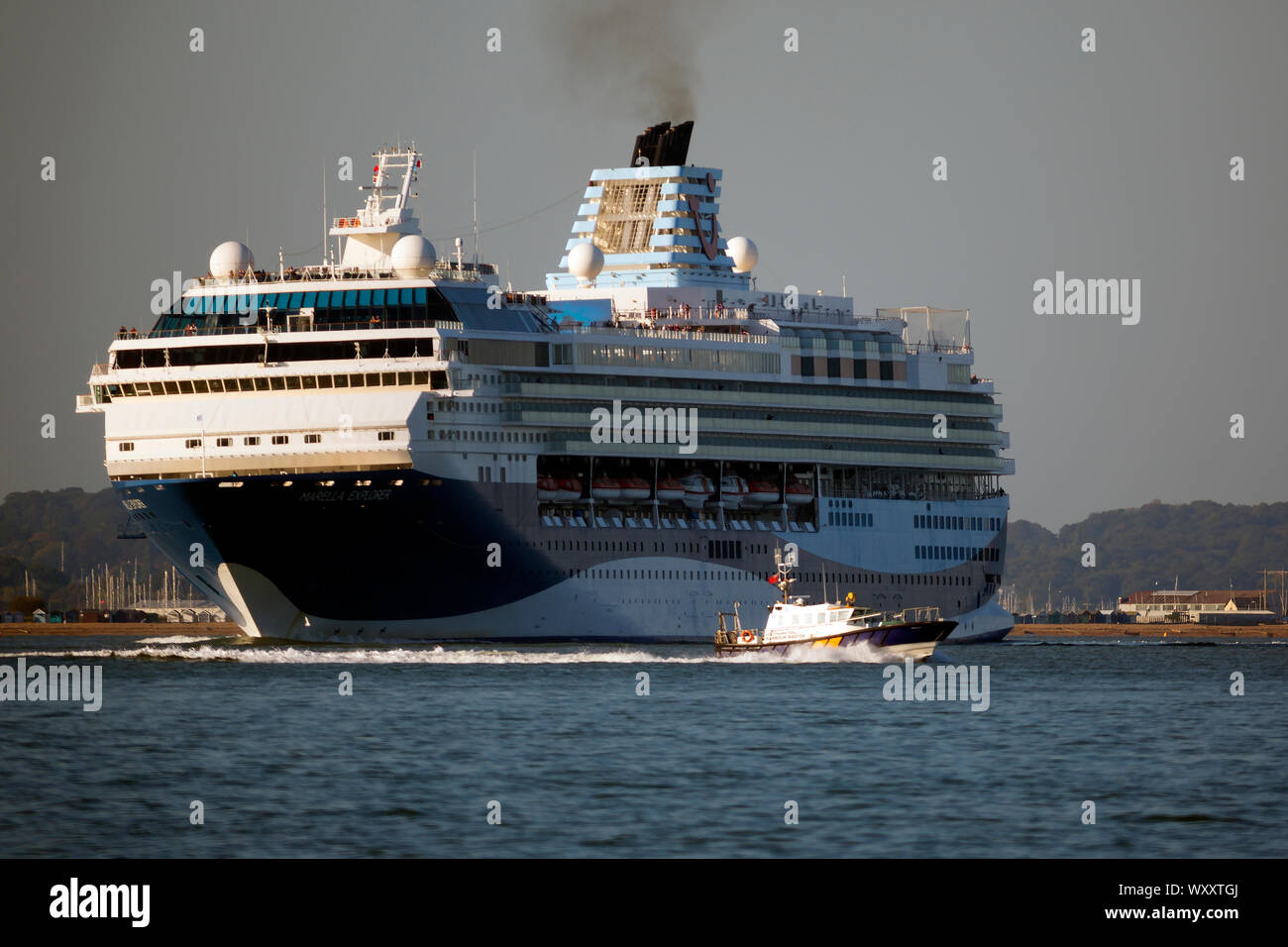 Cruise Liner,Marellor Explorer, leaving,Southampton,terminal,The Solent,Cowes,isle of Wight,England,UK, Stock Photo