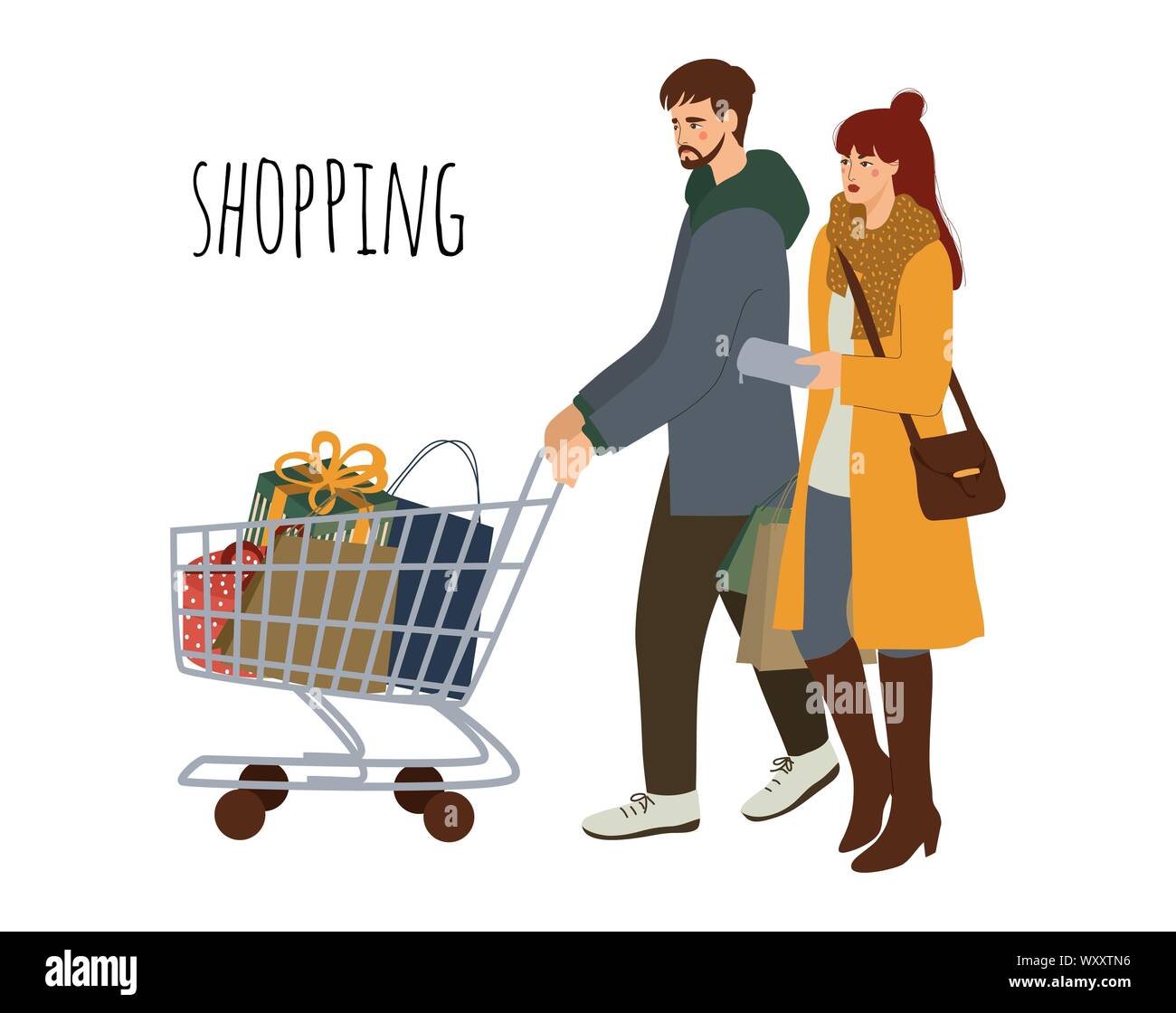 Happy young married couple with purchases. Man with a shopping cart and a woman with the packages. Isolated vector illustration of a flat design Stock Vector