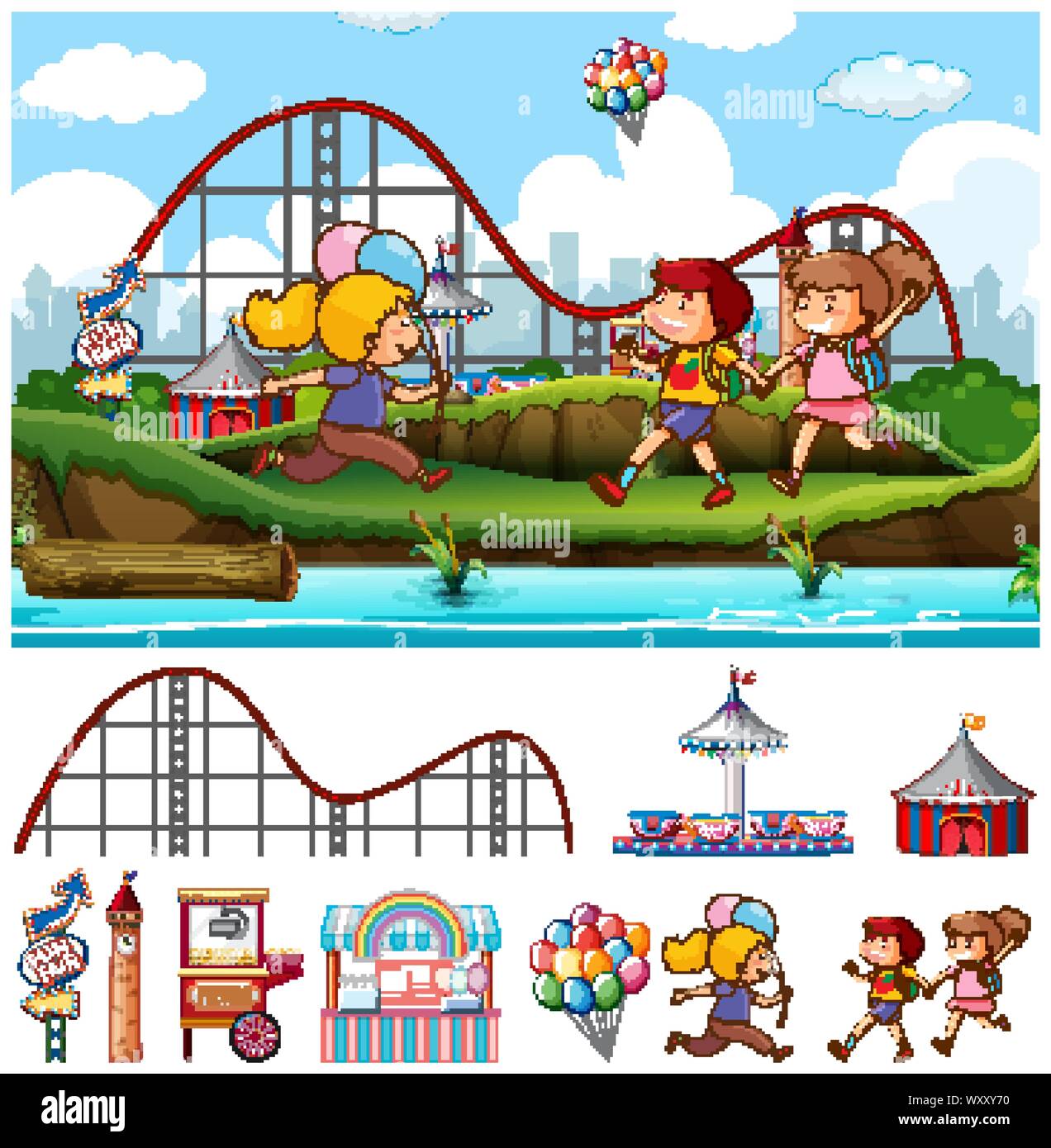 Scene background design with children at funfair illustration Stock ...