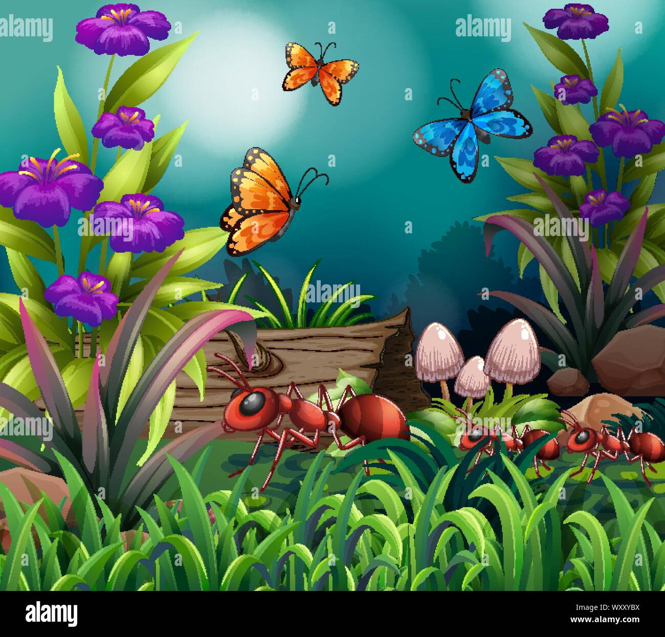 Background scene with butterflies and ants in garden illustration Stock ...