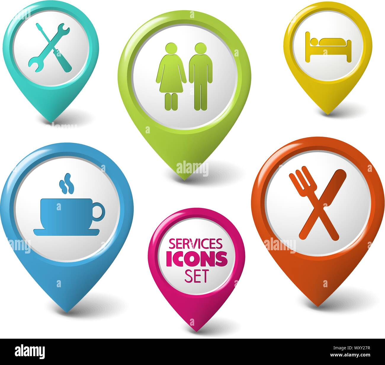 Set of vector round 3D pointers for various services Stock Vector