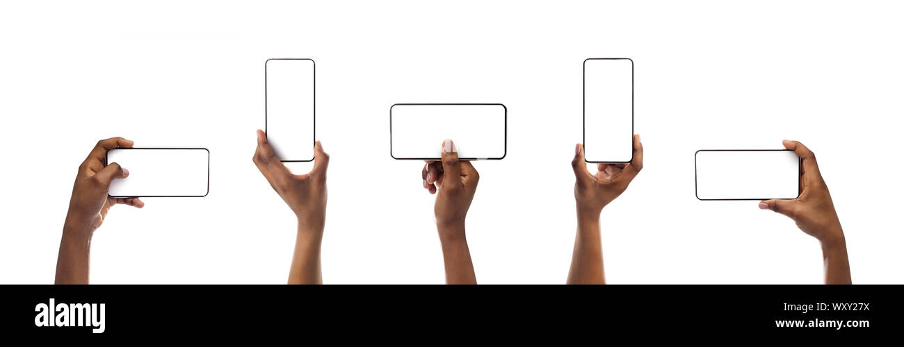 Set of black woman's hands holding smartphone with blank screen Stock ...