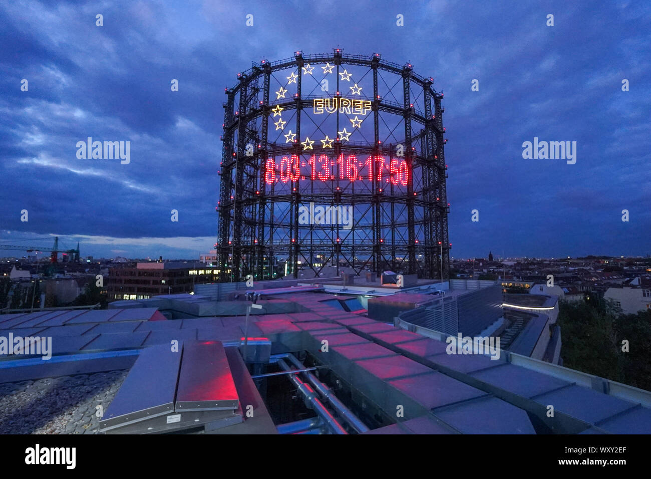 Berlin, Germany. 18th Sep, 2019. A CO2 clock can be seen on the gasometer.  It runs backwards and symbolizes the remaining CO2 budget for the  temperature target of 1.5 degrees. The basis