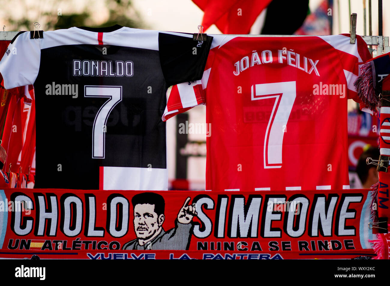 Madrid, Spain. 18th September, 2019. Shirts of Cristiano Ronaldo (Juventus  FC) and Joao Felix (Atletico Madrid) before the start of football match of  UEFA Champions League group stage between Atletico de Madrid