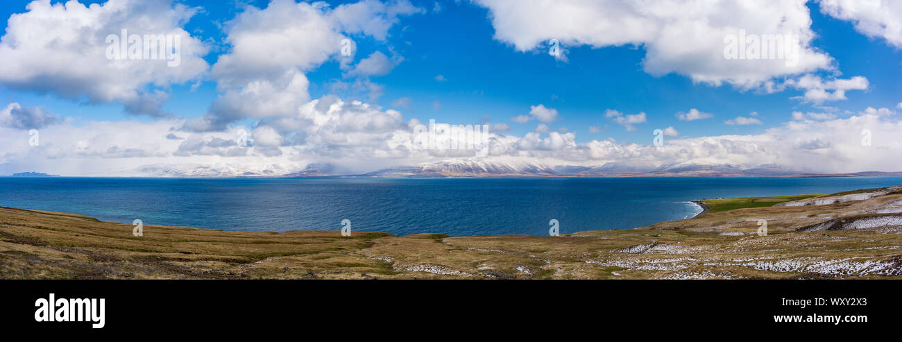 REYKIR-GRETTISLAUG, ICELAND - Skagafjordur Fjord panorama. Stock Photo