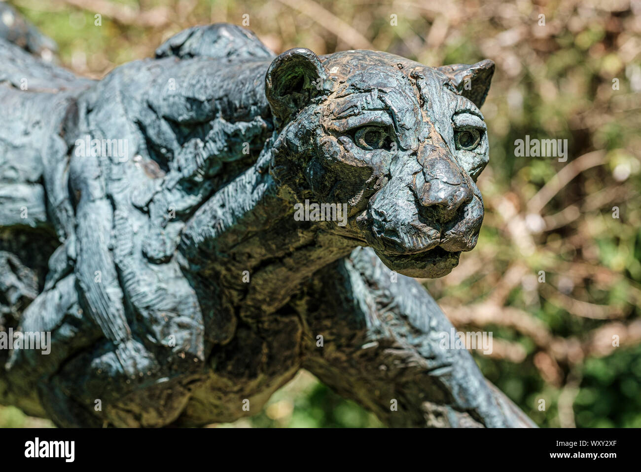 Cheetah sculpture at Attadale Gardens, Strathcarron, Ross-shire, Stock Photo