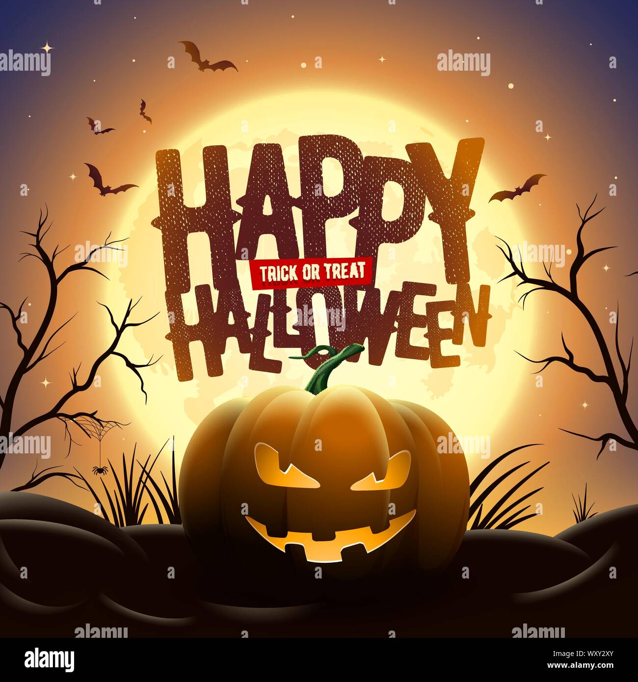 Creepy Halloween midnight illustration. Pumpkins under full moon. Bats are flying. Elements are layered separately in vector file. Stock Vector