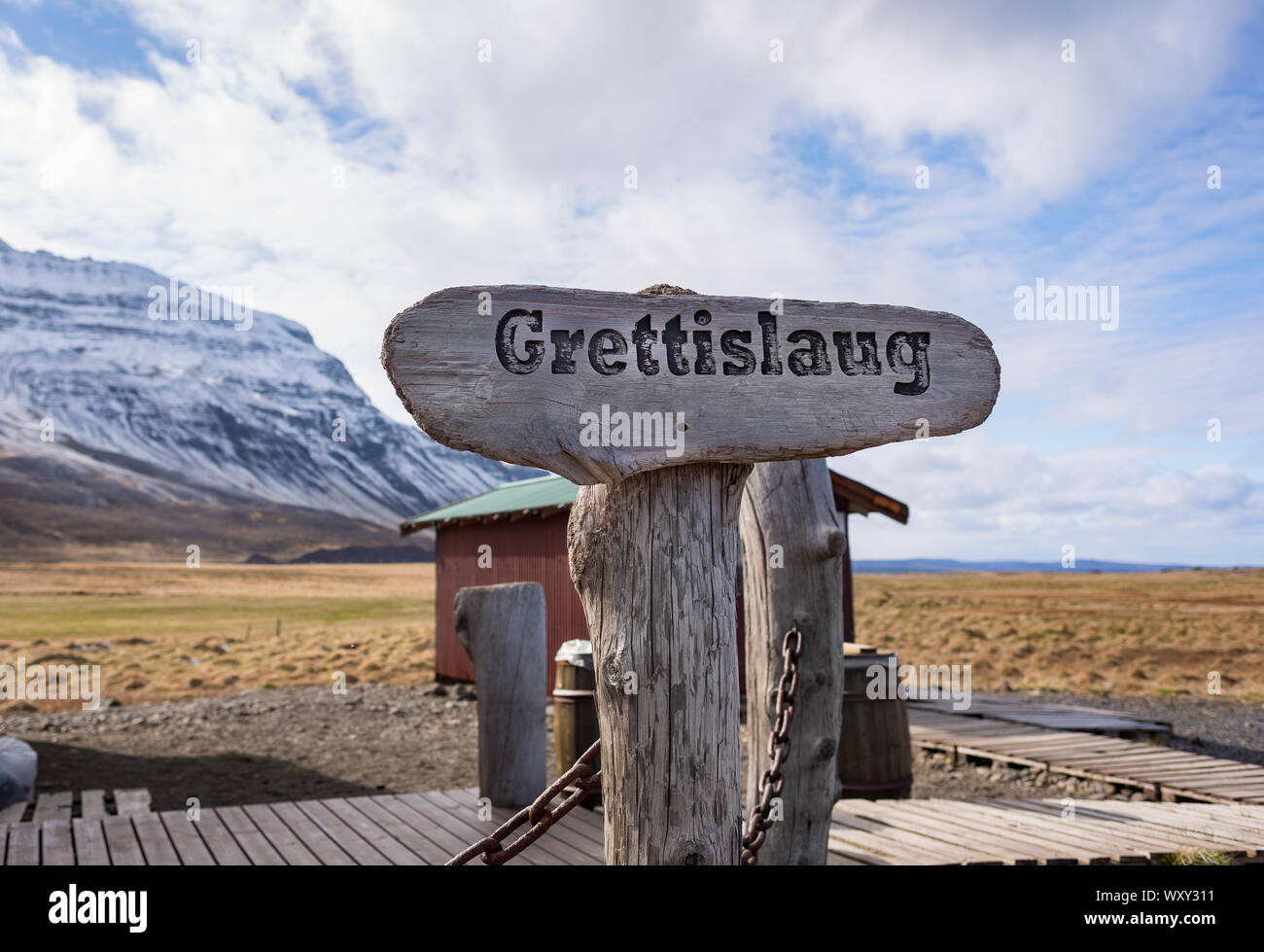 REYKIR-GRETTISLAUG, ICELAND - Grettislaug sign on shore of Skagafjordur Fjord. Stock Photo