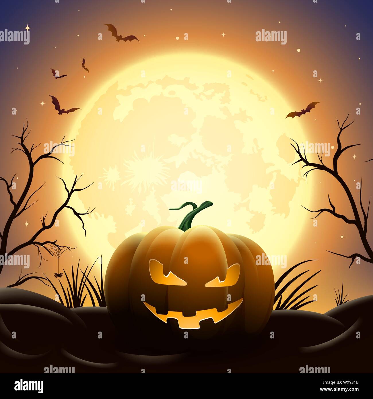 Creepy Halloween midnight illustration. Pumpkins under full moon. Bats are flying. Elements are layered separately in vector file. Stock Vector