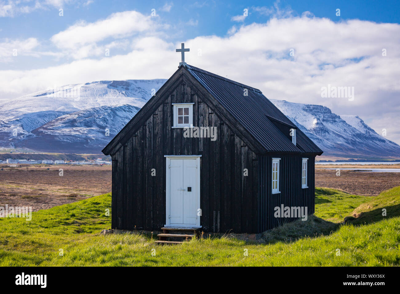 SAUDARKROKUR, ICELAND - The restored Sjavarborg Church, built 1853. Sjavarborgarkirkja. Stock Photo