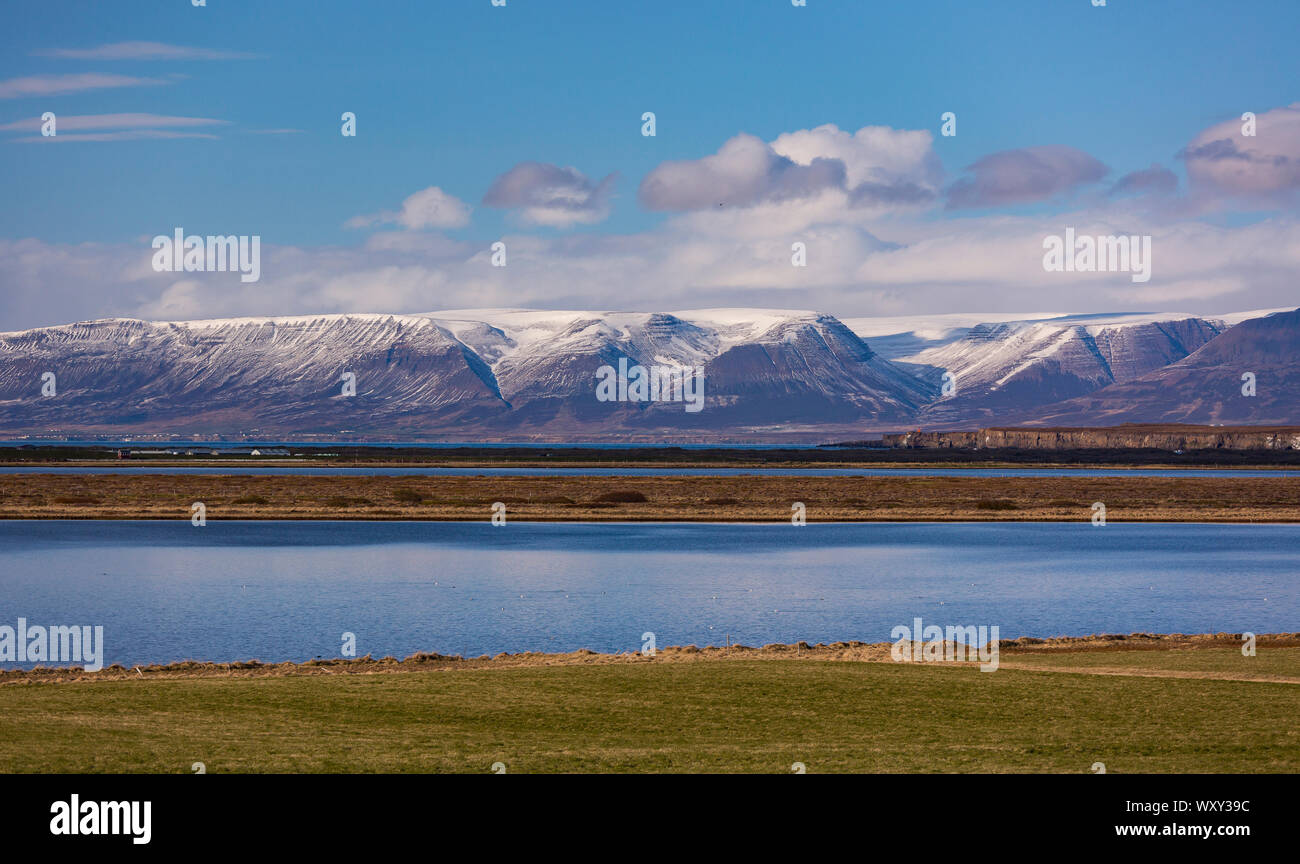 SAUDARKROKUR, ICELAND - Lake and mountain landscape in northern Iceland. Stock Photo