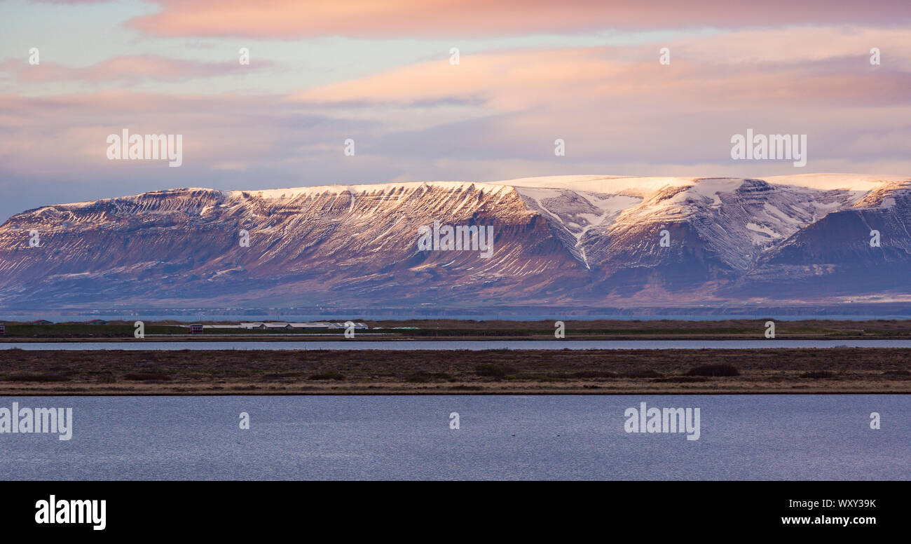 SAUDARKROKUR, ICELAND - Lake and mountain landscape in northern Iceland. Stock Photo