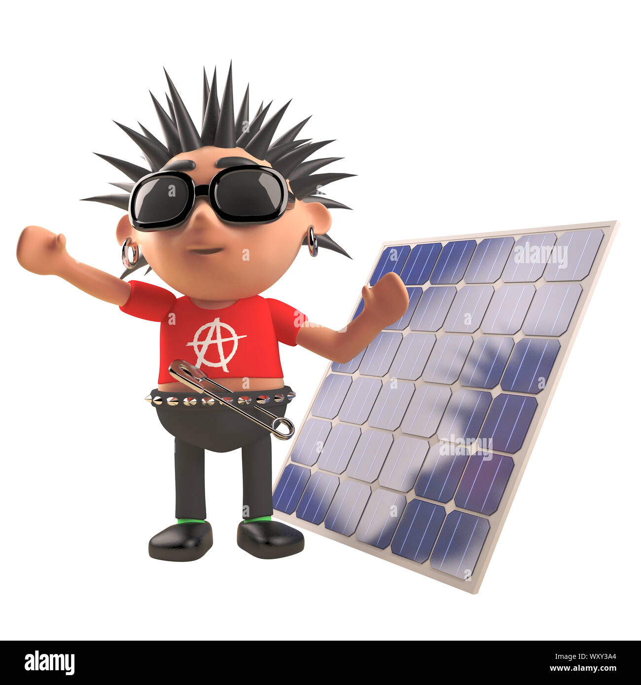 Cartoon 3d punk rocker character standing in front of a renewable energy solar panel, 3d illustration render Stock Photo