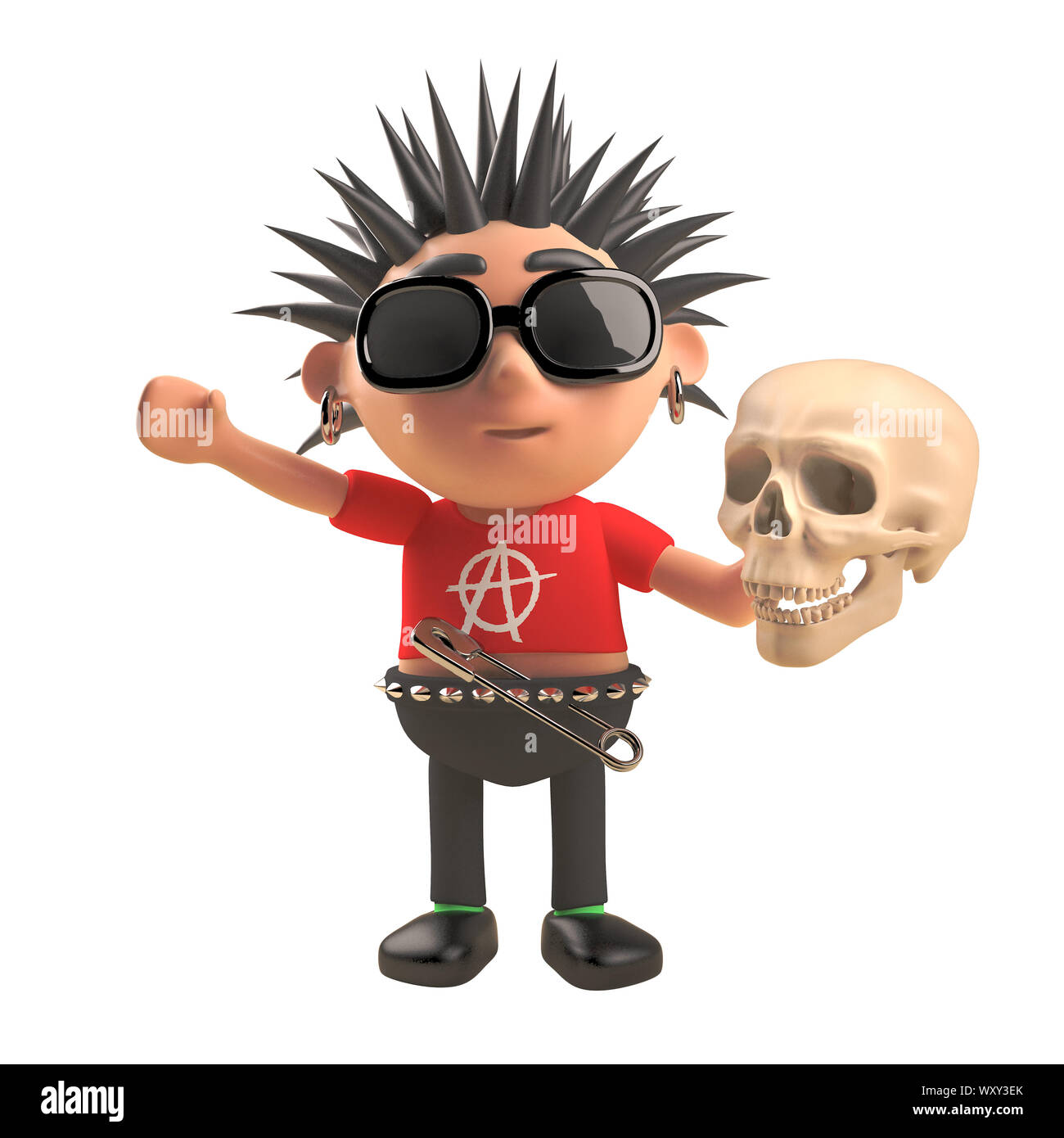3d cartoon punk rock character holding a human skull, 3d illustration ...