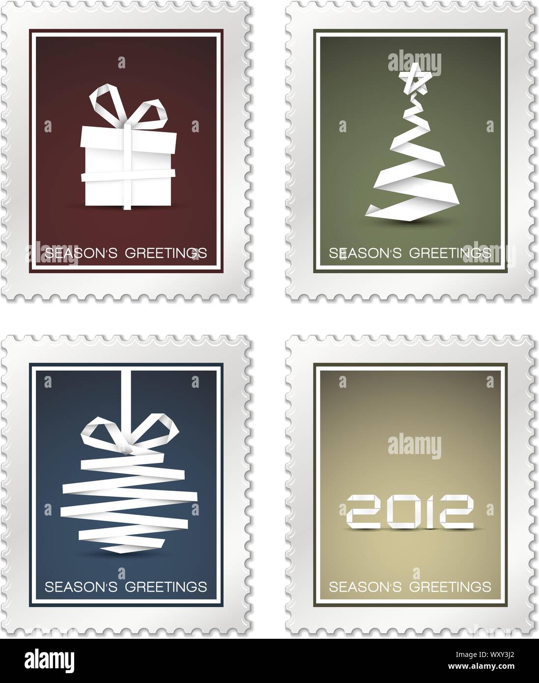 Collection of old vector christmas postage stamps (red, blue, green