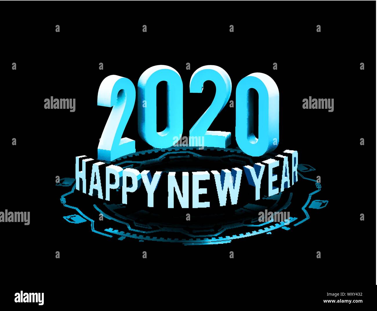 Congratulations on the New Year 2020 in technostyle. Rounded 3D text with HUD elements. Big data. Vector illustration Stock Vector
