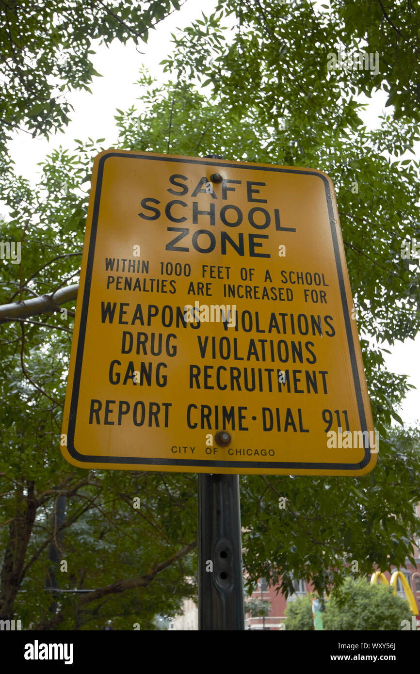 safe school zone sign warning of increased penalties for certain crimes in a school area Chicago Illinois USA Stock Photo
