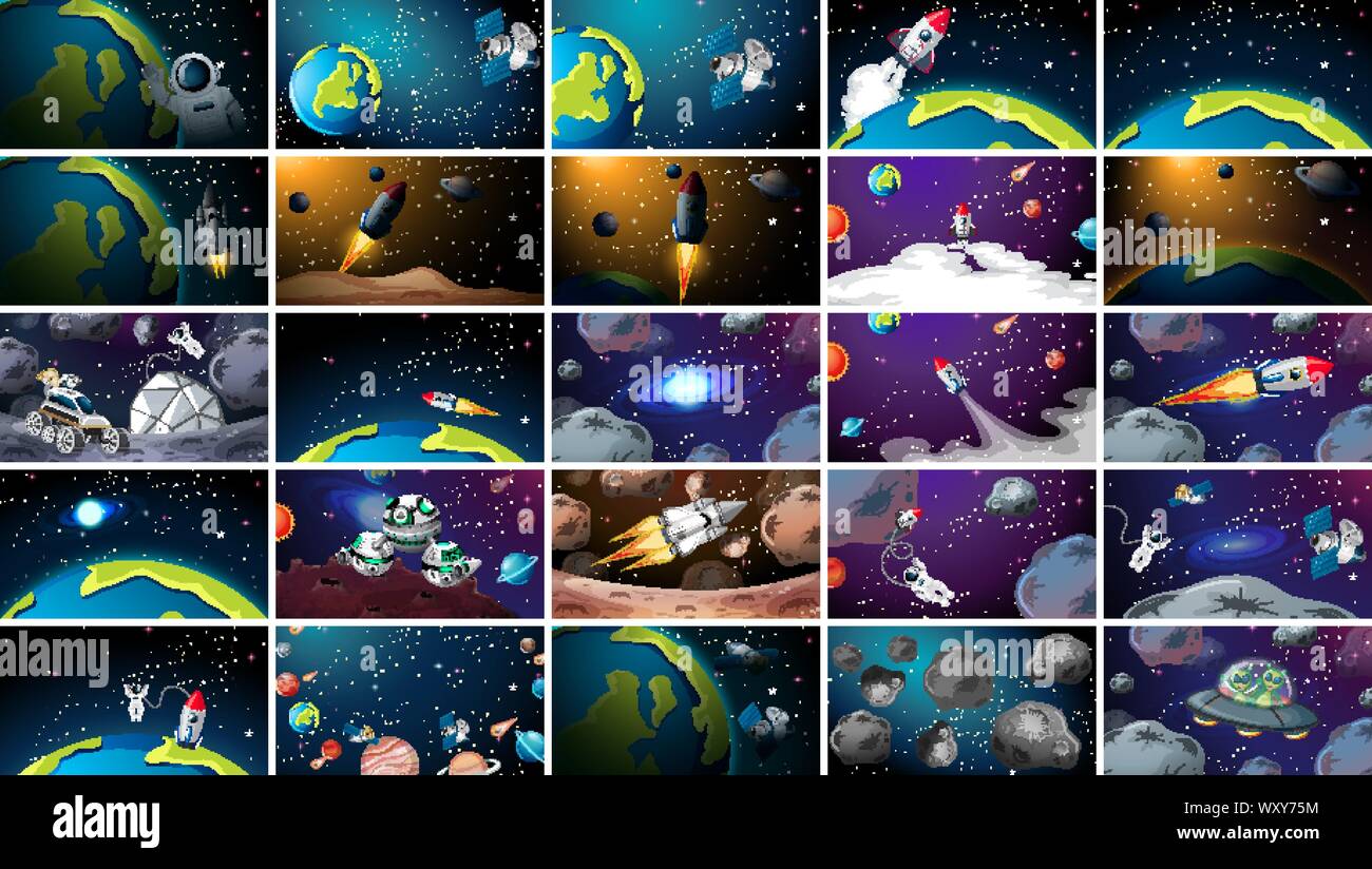 Large set of different space scenes illustration Stock Vector Image ...
