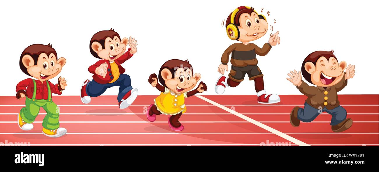 Monkeys racing on track illustration Stock Vector