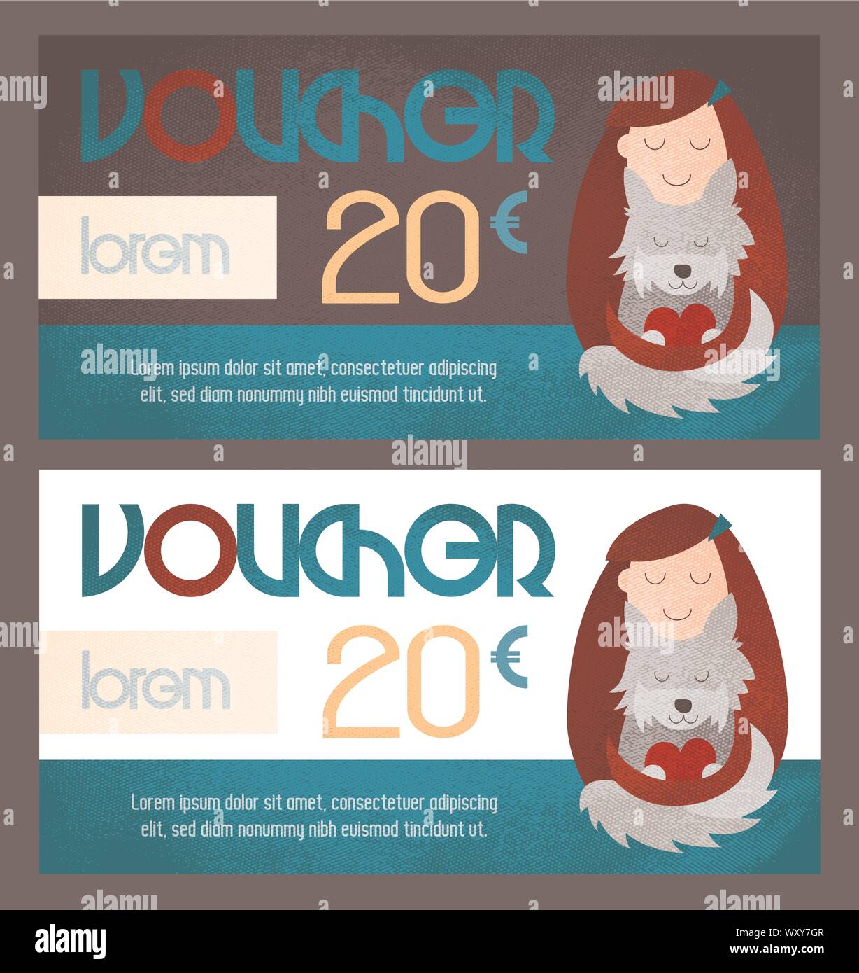 Gift voucher with young girl petting a dog. Designed for pet shops
