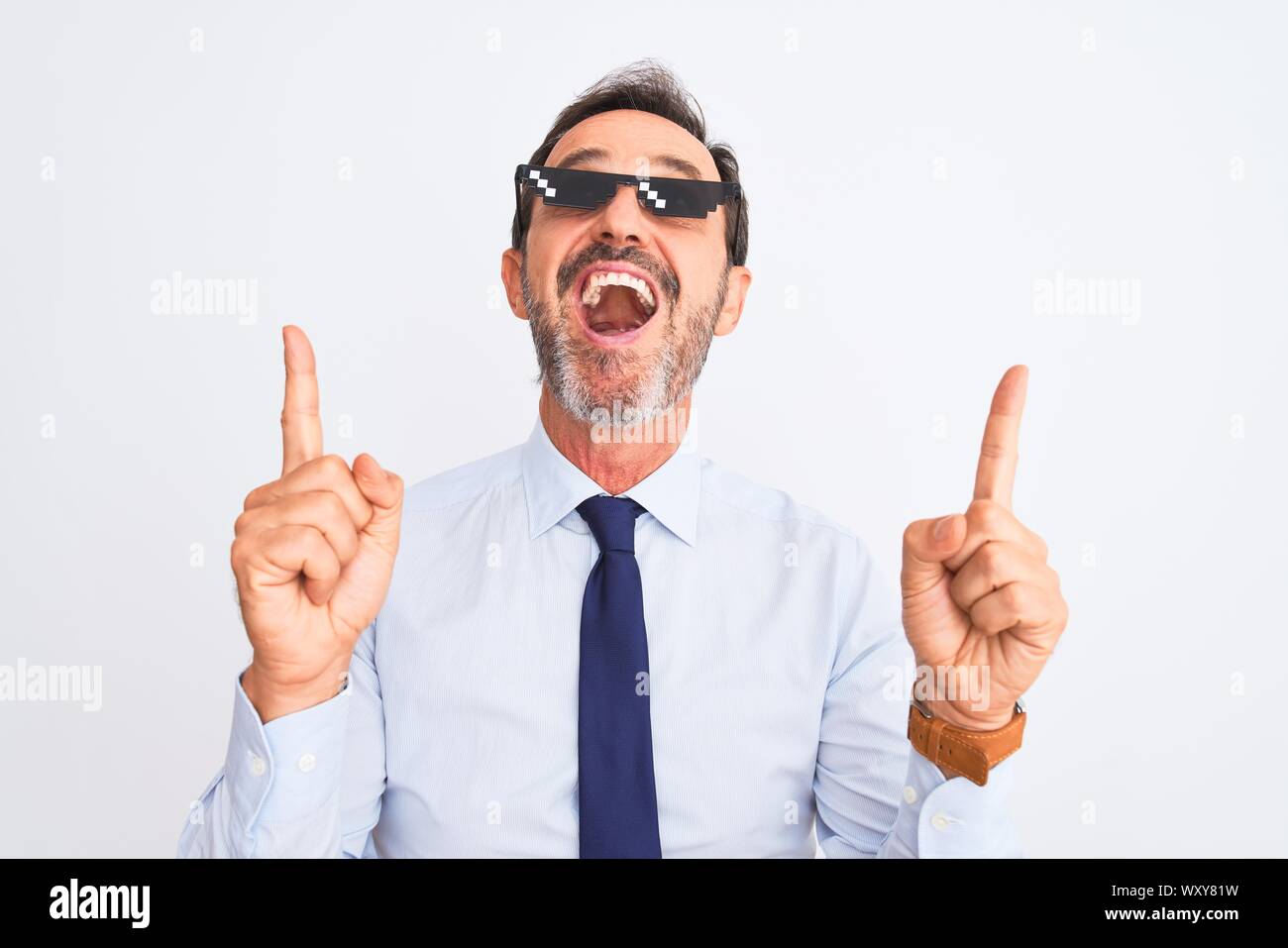 Middle age businessman wearing thug life sunglasses over isolated white