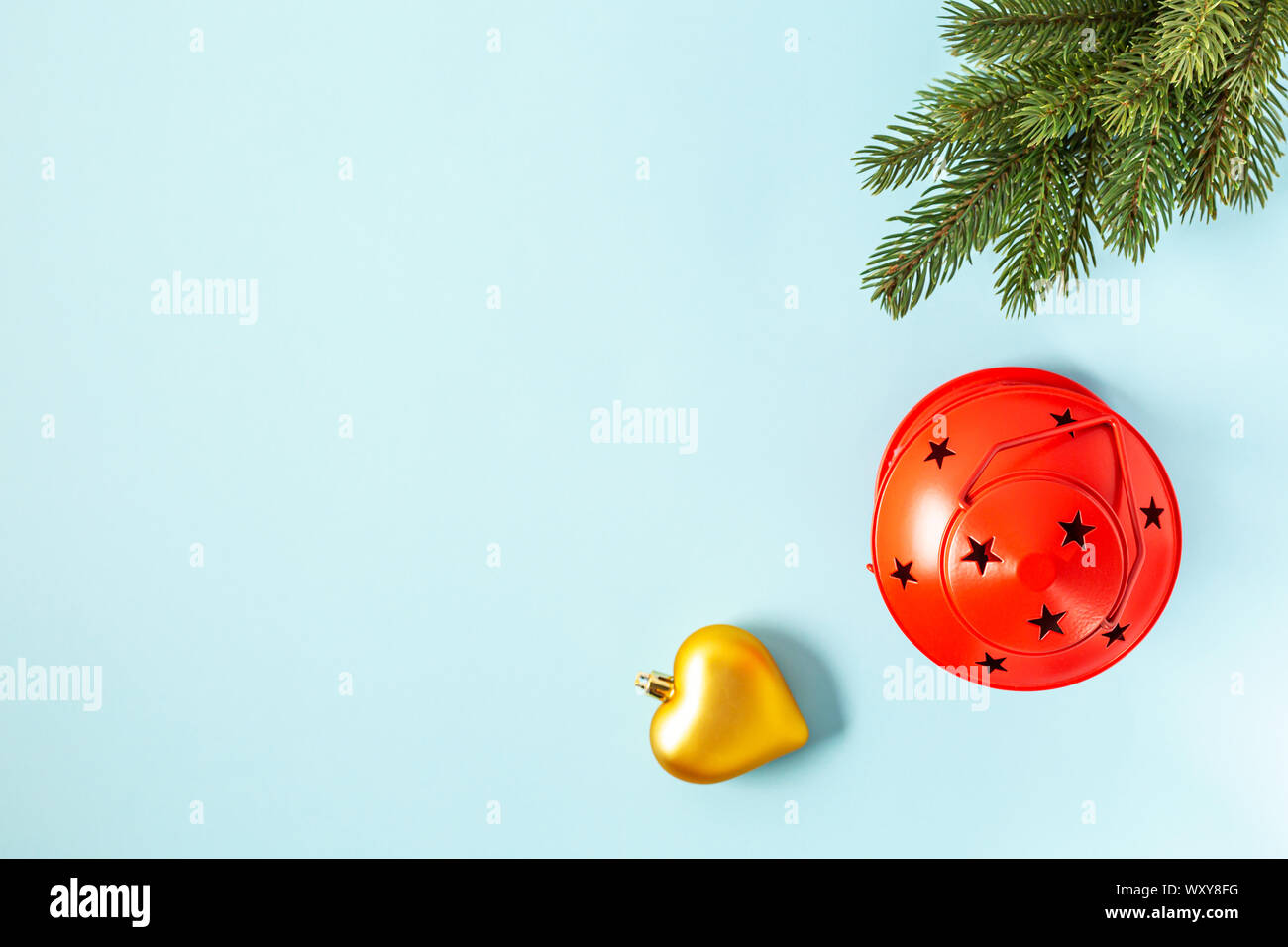 Top view Xmas accessories on light blue background Stock Photo - Alamy