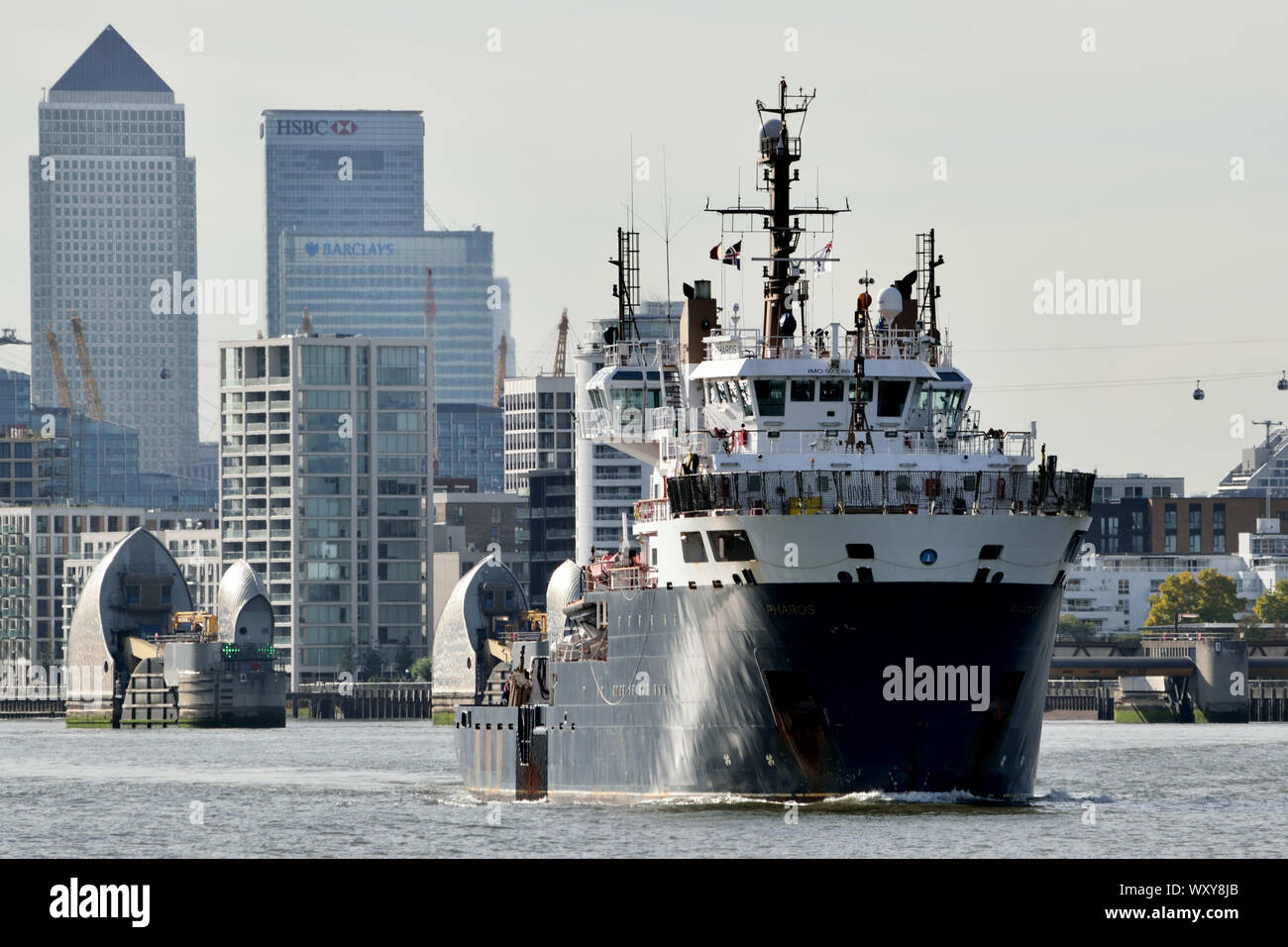 Northern Lighthouse Board tender PHAROS heading down the Thames after having taken part in London International Shipping Week 2019 events in London Stock Photo