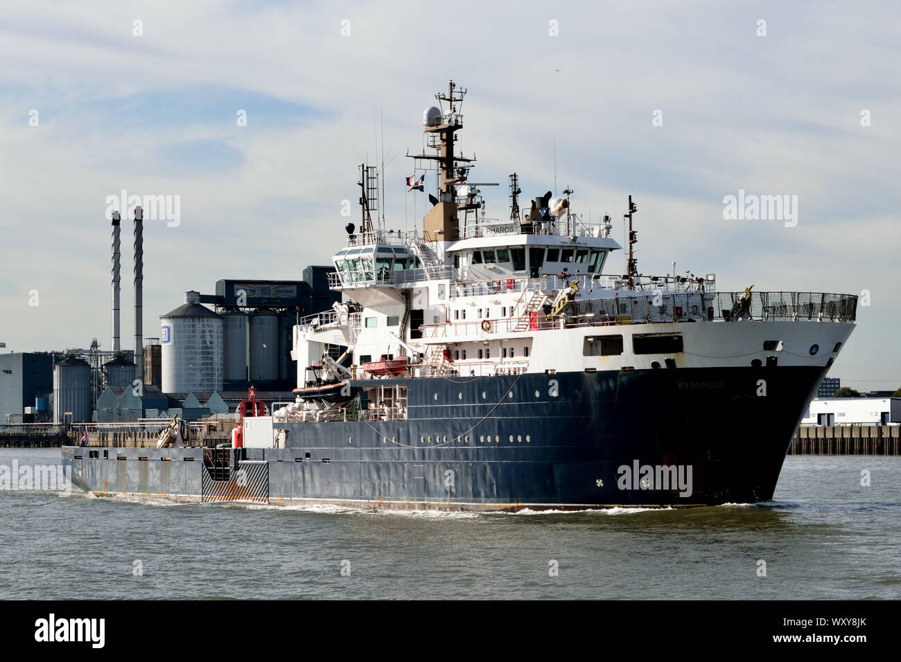Northern Lighthouse Board tender PHAROS heading down the Thames after having taken part in London International Shipping Week 2019 events in London Stock Photo