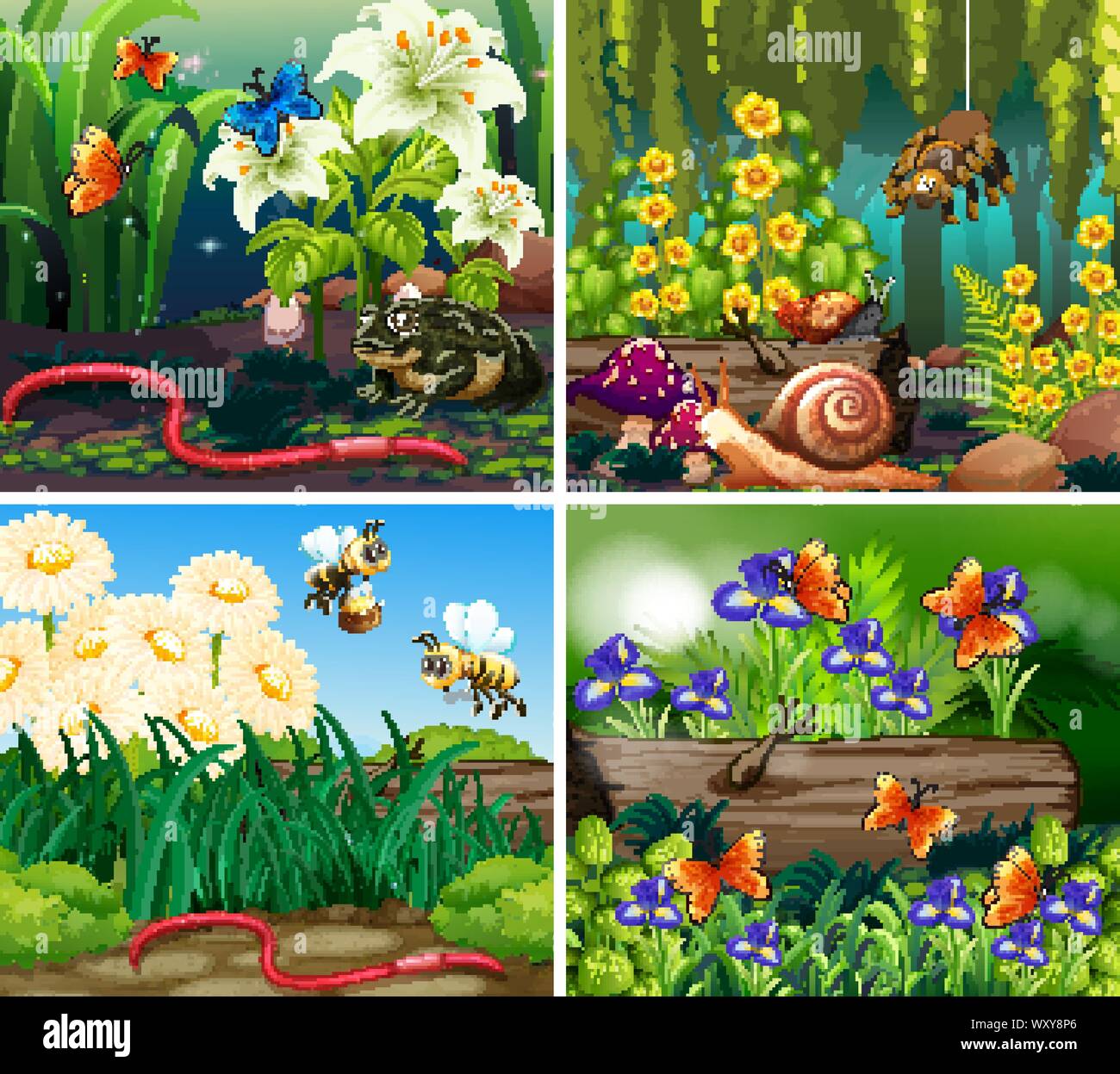 Set of background scene with flowers and insects in the woods ...