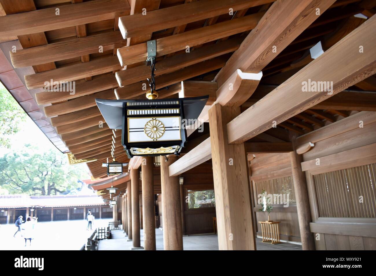 Beautiful lamp hanging on wooden construction in buildings of shrine  Meiji-jingu - the biggest and the most famous shinto shrine, Tokio, Japan  Stock Photo - Alamy
