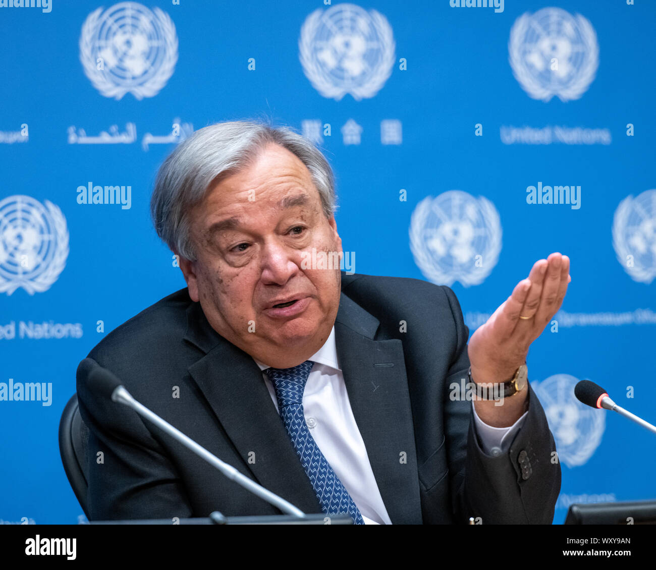 New York, USA,  18 September 2019.  United Nations Secretary-General Antonio Guterres answers a question during a news briefing to mark the opening of the 74th session of the UN General Assembly in New York City.   Credit: Enrique Shore/Alamy Live News Stock Photo