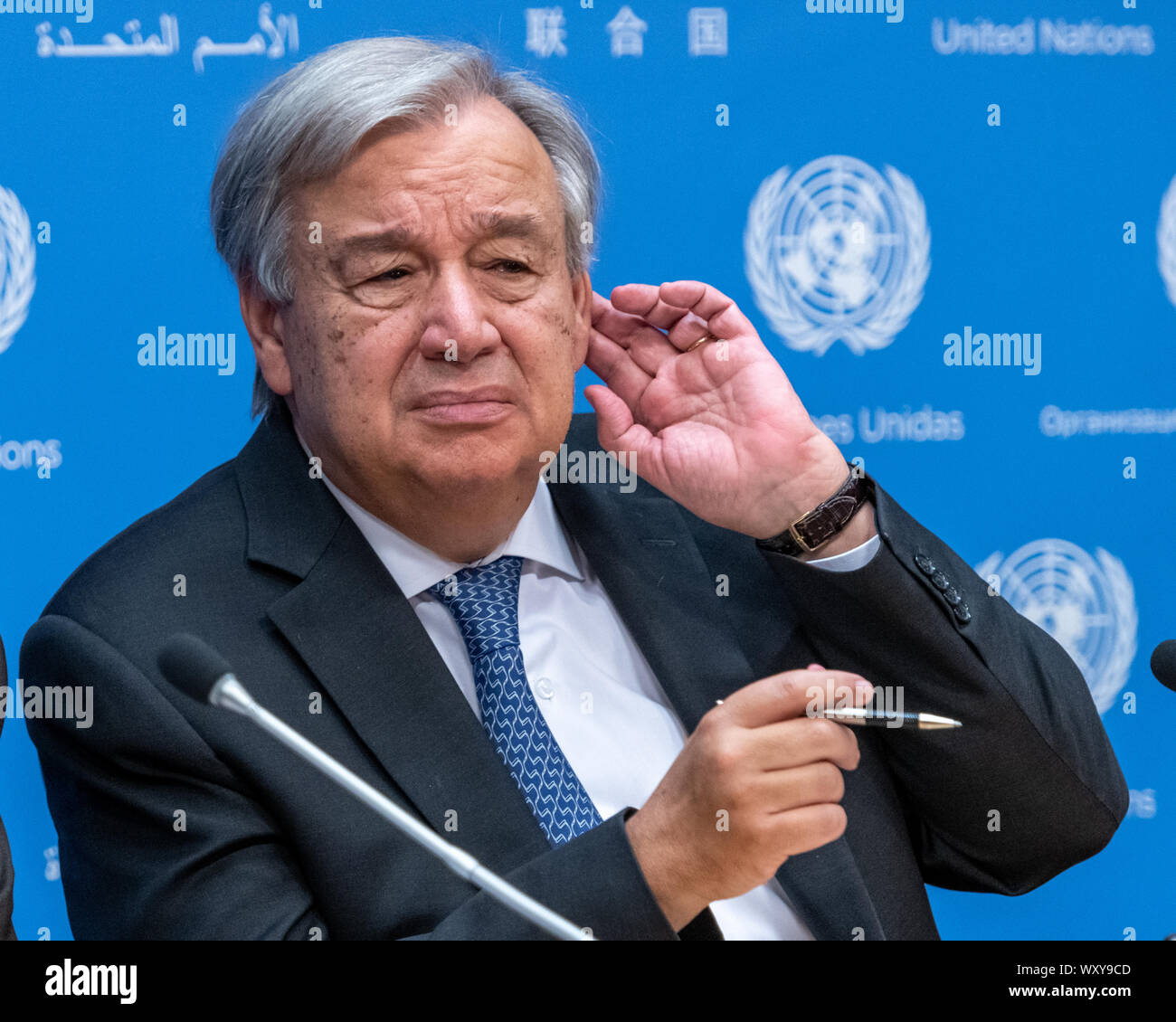 New York, USA,  18 September 2019.  United Nations Secretary-General Antonio Guterres listens to a question during a news briefing to mark the opening of the 74th session of the UN General Assembly in New York City.   Credit: Enrique Shore/Alamy Live News Stock Photo