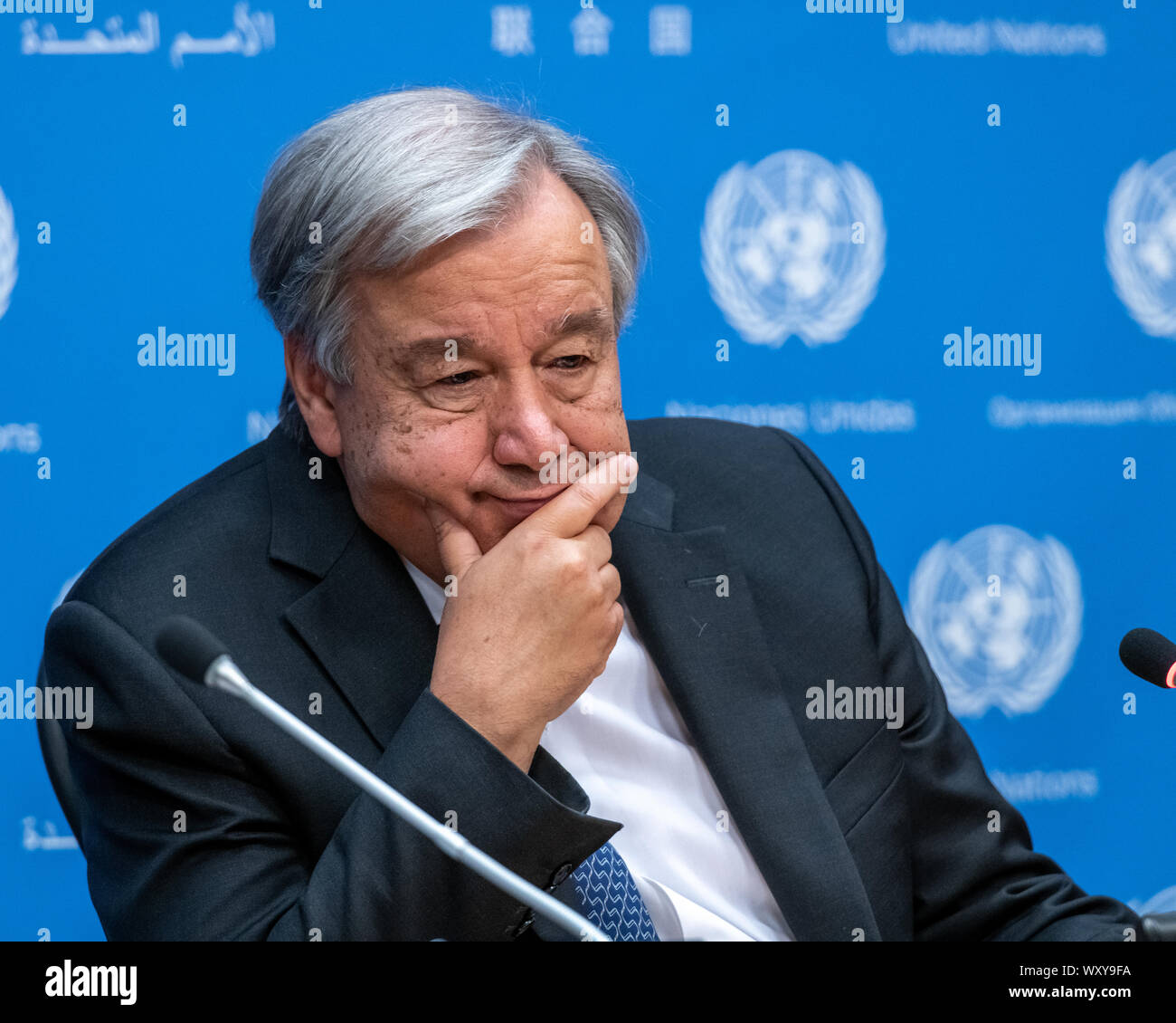 New York, USA,  18 September 2019.  United Nations Secretary-General Antonio Guterres ponders a question during a news briefing to mark the opening of the 74th session of the UN General Assembly in New York City.   Credit: Enrique Shore/Alamy Live News Stock Photo