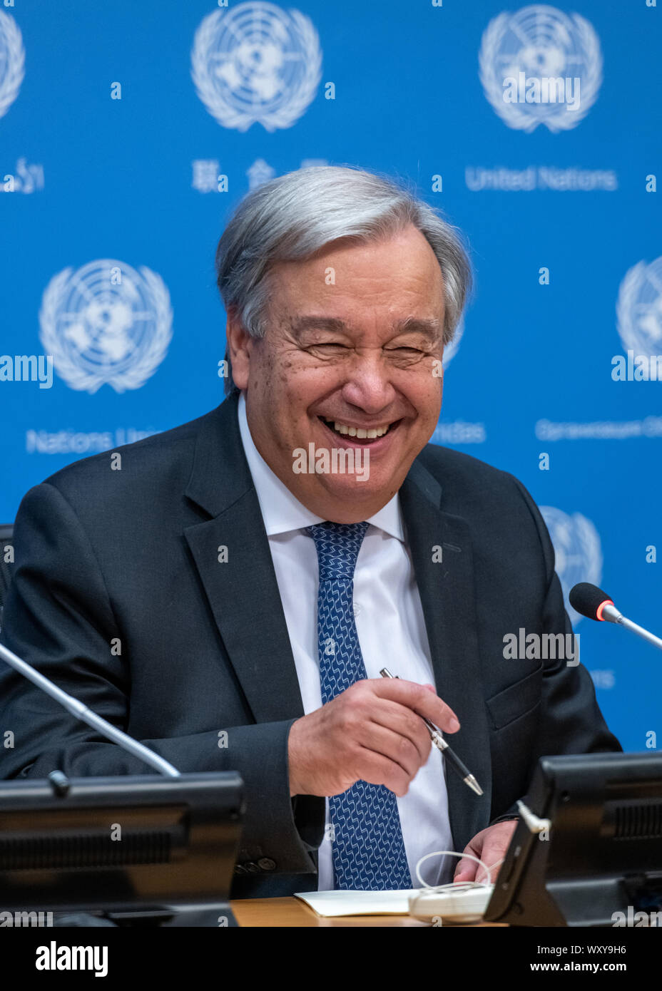 New York, USA,  18 September 2019.  United Nations Secretary-General Antonio Guterres smiles before the start of a news briefing to mark the opening of the 74th session of the UN General Assembly in New York City.   Credit: Enrique Shore/Alamy Live News Stock Photo
