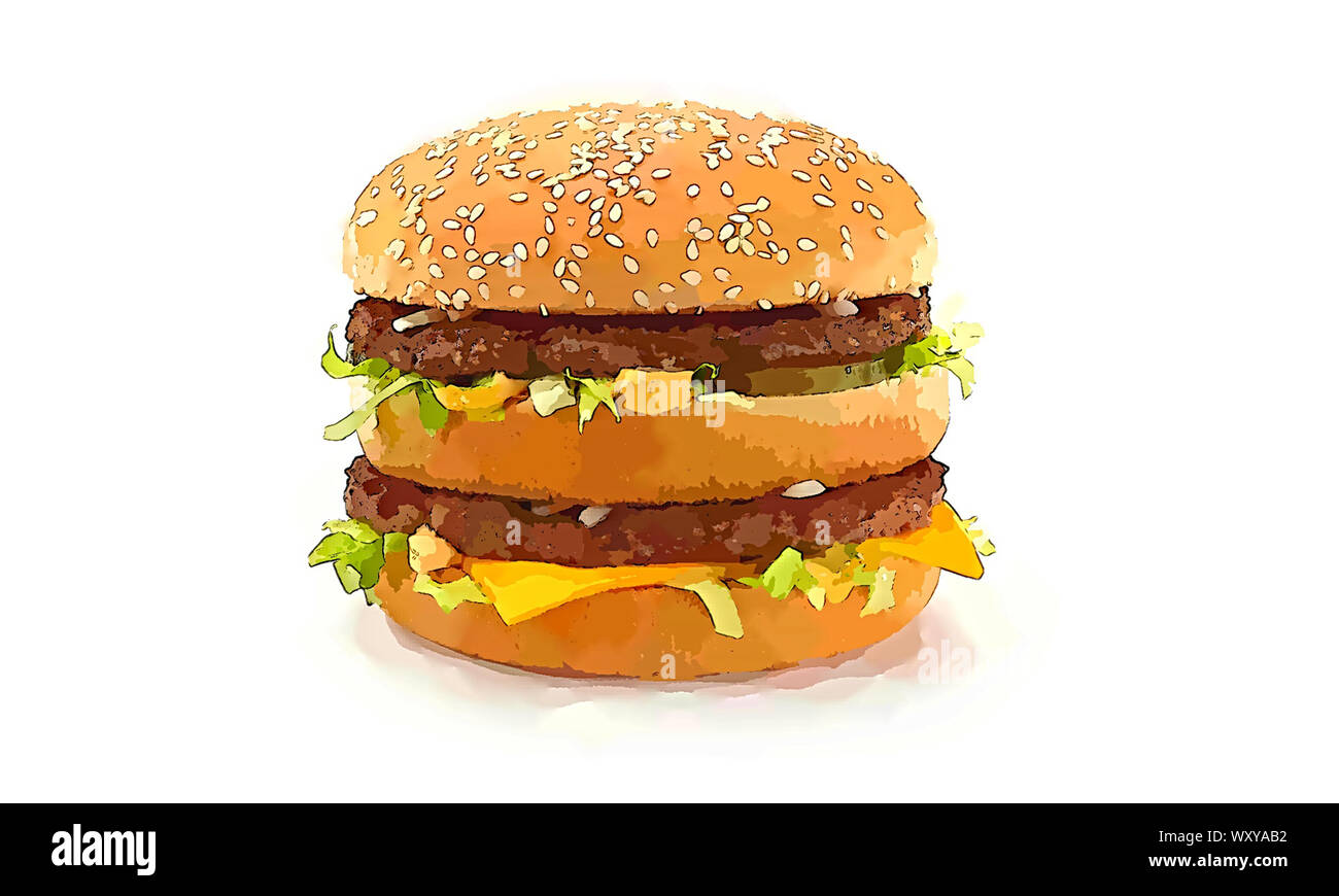 Cartoon Style Illustration of Italian Pizza,Classic Sandwich,Regular Hotdog  and Double Decker Burger.Isolated on White Background. Hand Drawn.Graphic  Stock Photo - Alamy