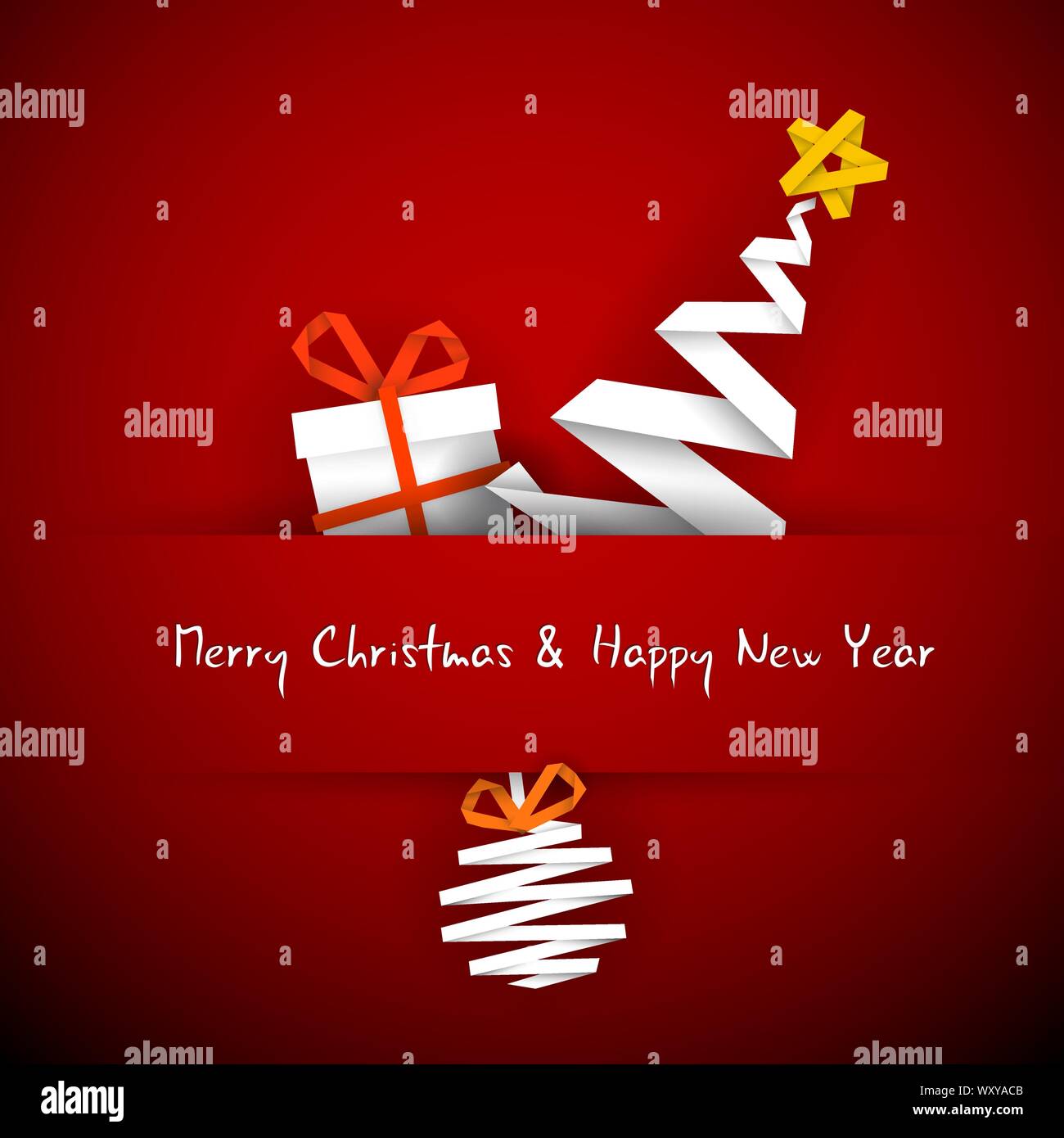 Simple vector red christmas card with gift, tree and bauble made from ...