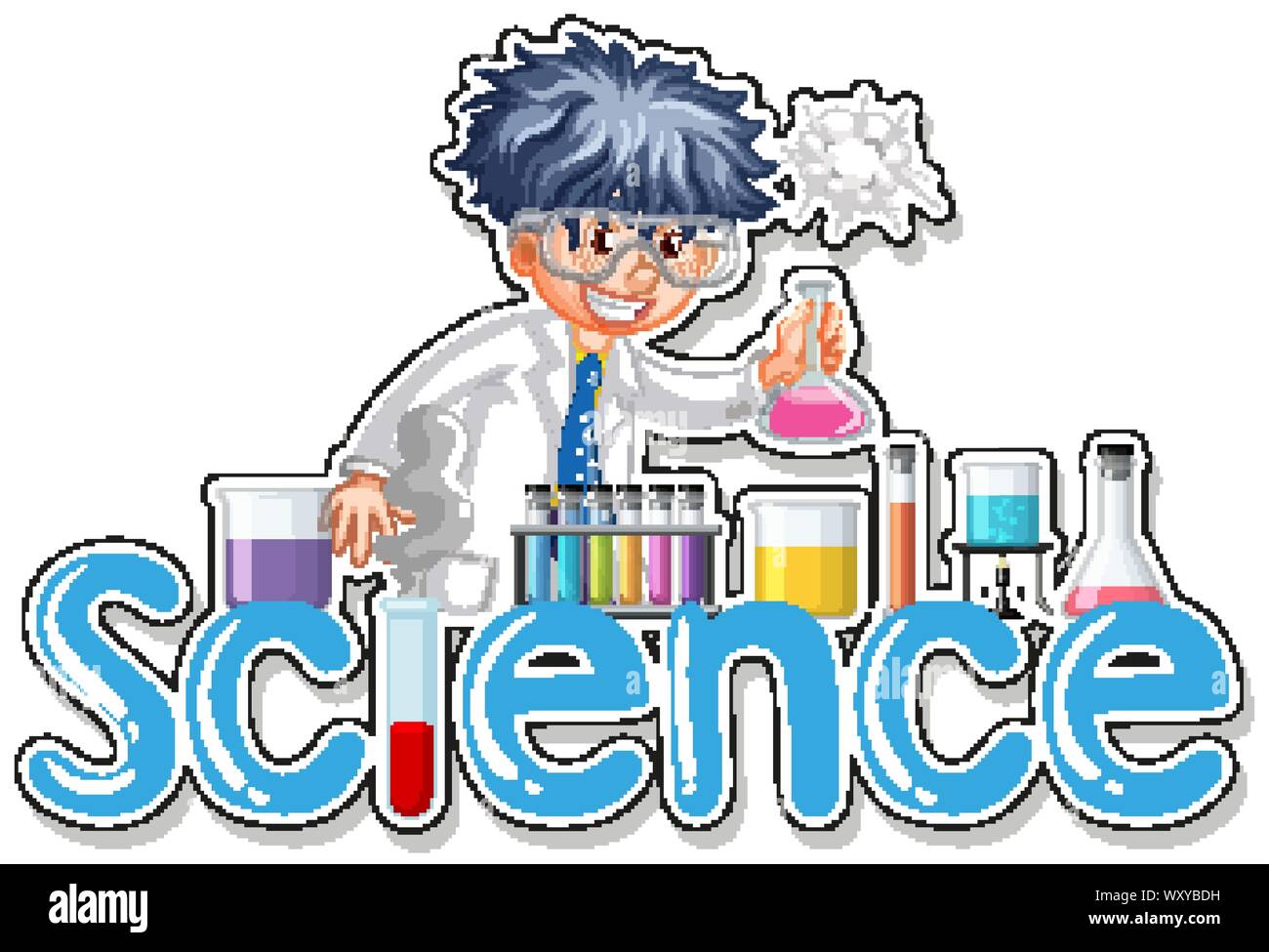 Sticker design with scientist doing experiment illustration Stock Vector
