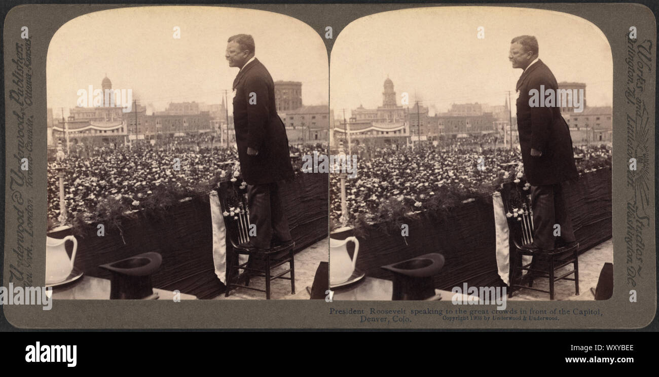President Roosevelt speaking to the great crowds in front of the Capitol, Denver, Colo., Stereo Card, Underwood & Underwood, 1903 Stock Photo