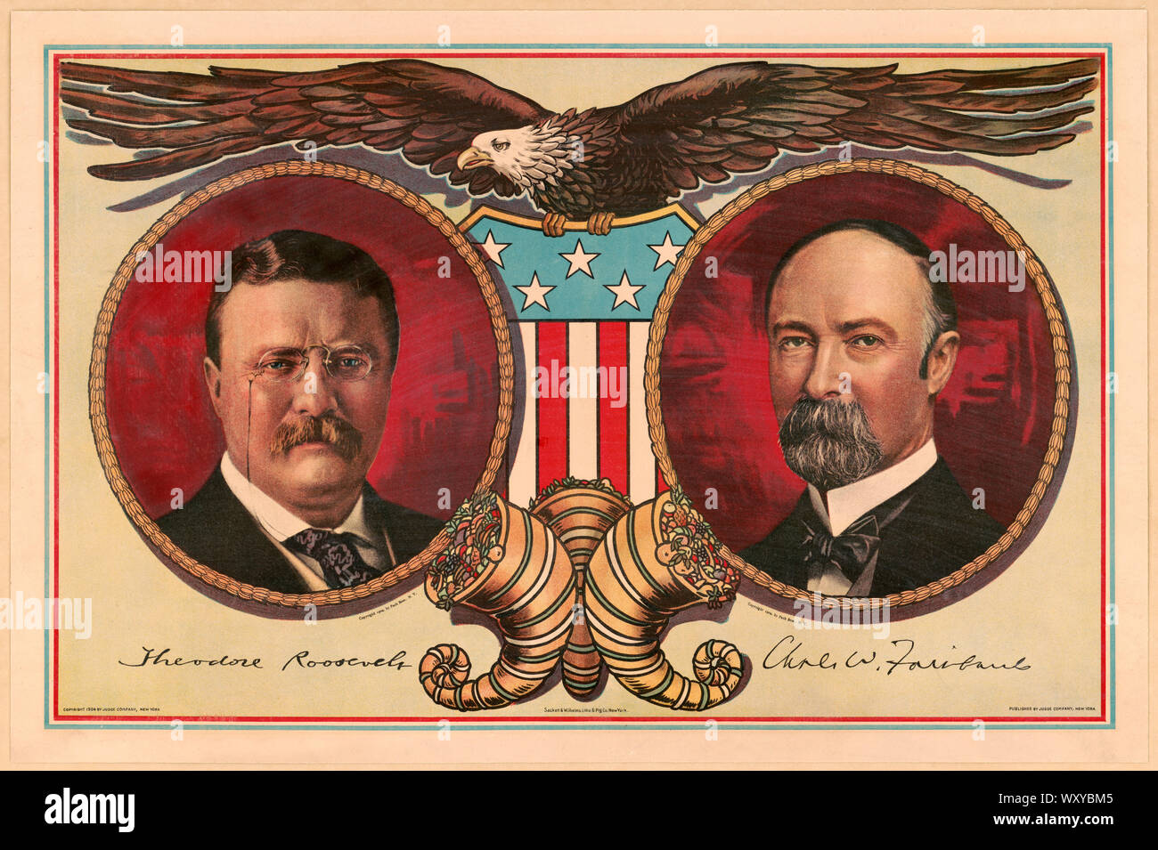 Political Campaign Poster with Head and Shoulders portraits of Theodore Roosevelt (left), for President, and, Charles W. Fairbanks, for Vice President, Lithograph by Sackett & Wilhelms Litho. & Prt. Co. from Photographs by Pach Brothers, Published by Judge Company, 1904 Stock Photo
