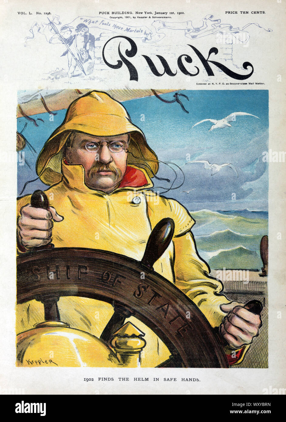 '1902 Finds the Helm in Safe Hands', U.S. President Theodore Roosevelt at the Helm labeled 'Ship of State', Puck Magazine, Artwork by Udo J. Keppler, Published by Keppler & Schwarzmann, January 1, 1902 Stock Photo