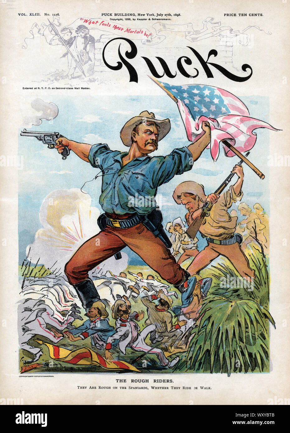 'Rough Riders', Theodore Roosevelt Leading the Rough Riders into Battle against the Spanish in Cuba during the Spanish-American War, Puck Magazine, Artwork by Udo J. Keppler, Published by Keppler & Schwarzmann, July 27, 1898 Stock Photo