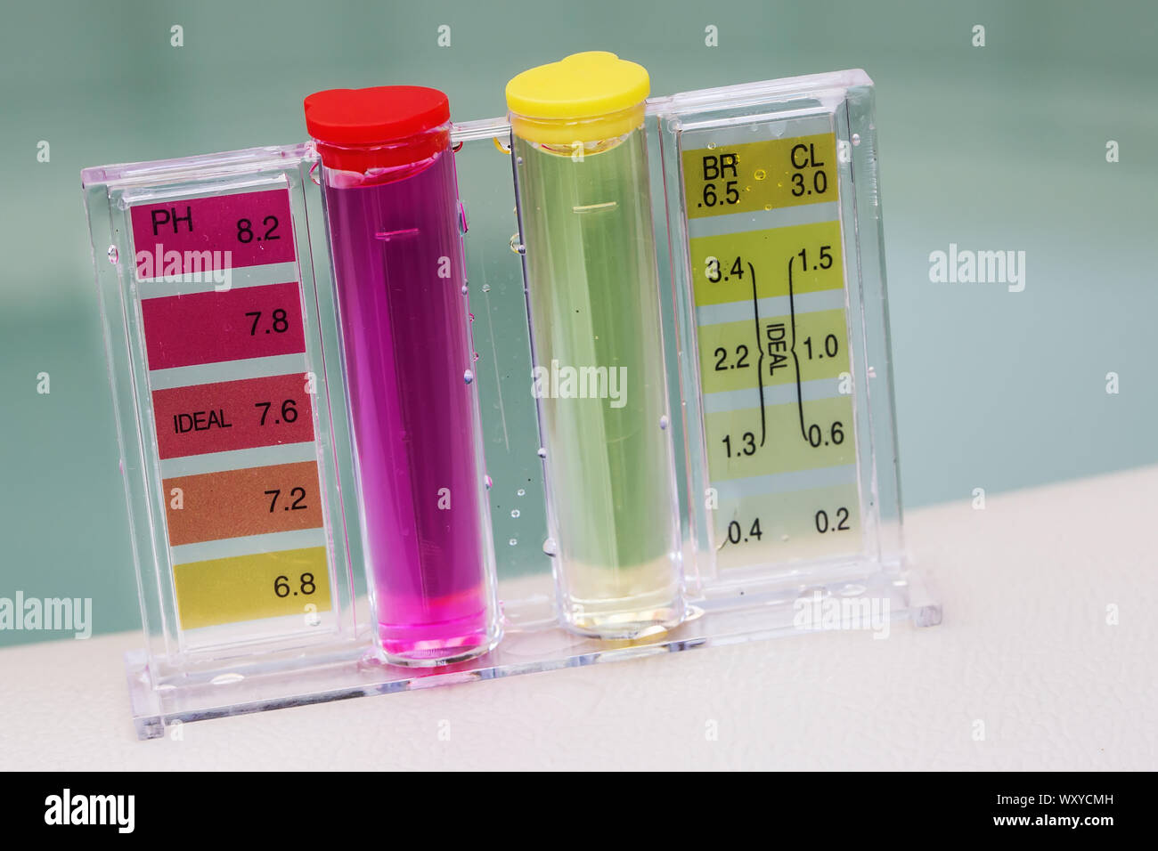 Jacuzzi spa pool maintenance test, Ph chlorine and bromide levels Stock