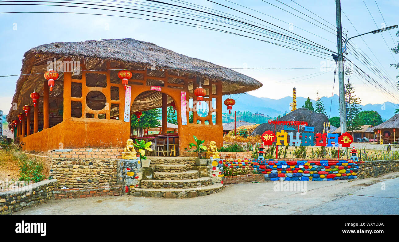 SANTICHON, THAILAND - MAY 5, 2019: Adobe pavilion of the traditional restaurant in Chinese Cultural Center of mountain tea village, on May 5 in Santic Stock Photo